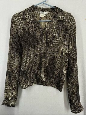 Burke Avenue Y2K Paisley Button Long Sleeve Blouse Crinkle Medium Brown